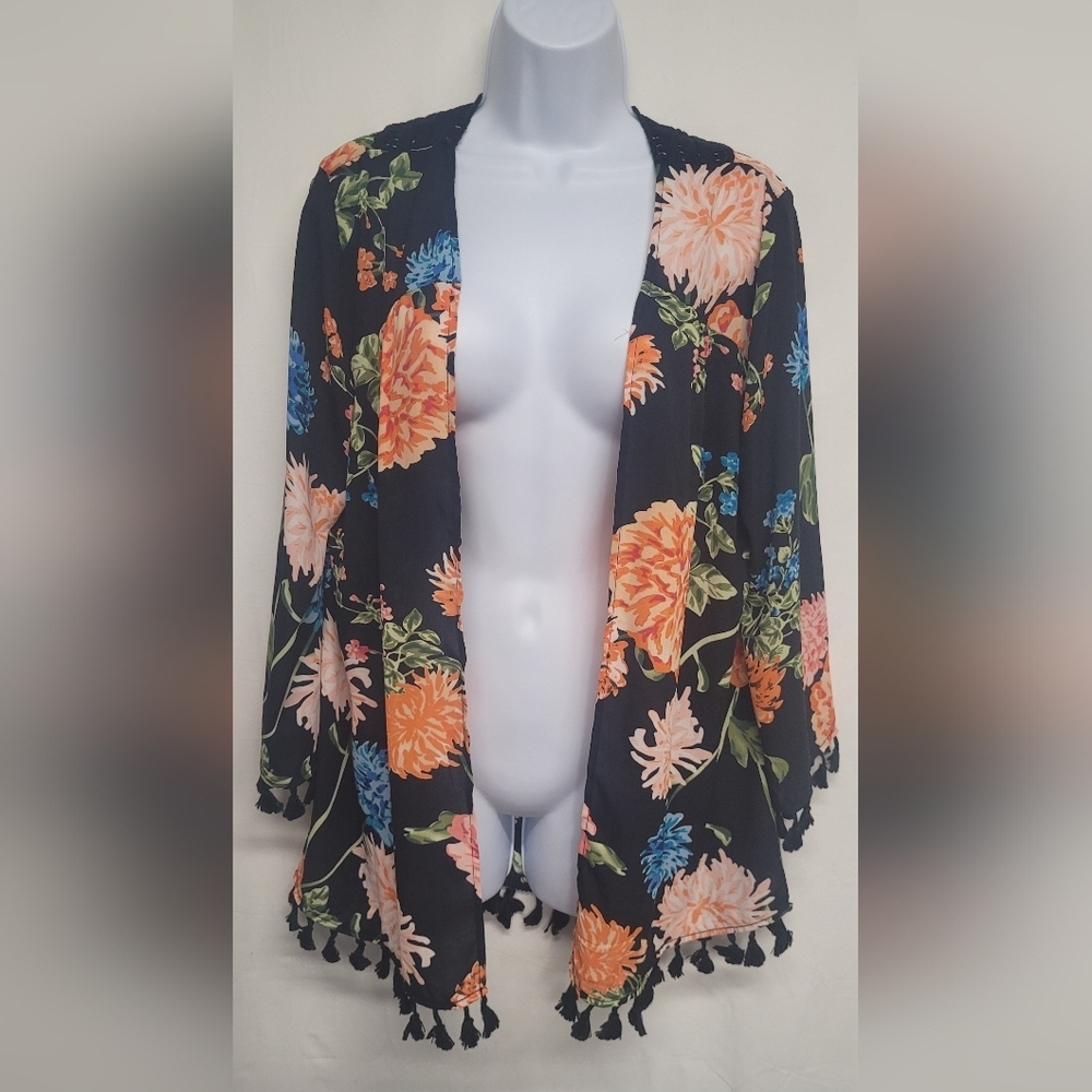 August Silk L Open Front Cardigan Floral Lightweight Fringe Excellent Condition